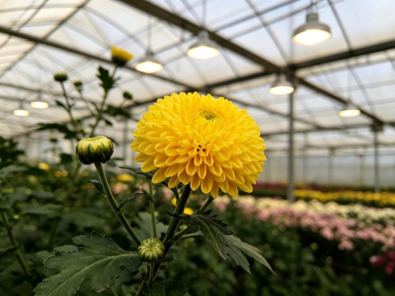 Yellow chrysanthemum blooming under suspended LED grow light fixtures in a commercial greenhouse