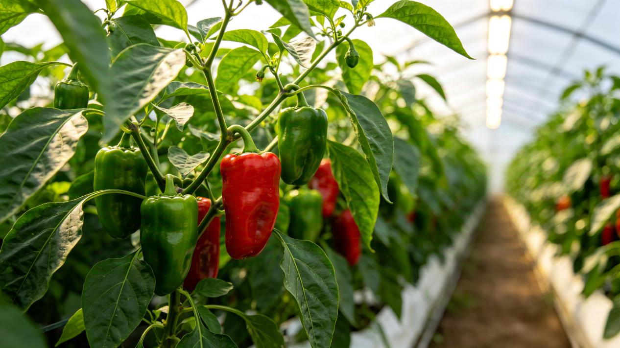 Commercial greenhouse bell peppers and chili peppers ripening under overhead LED grow lights