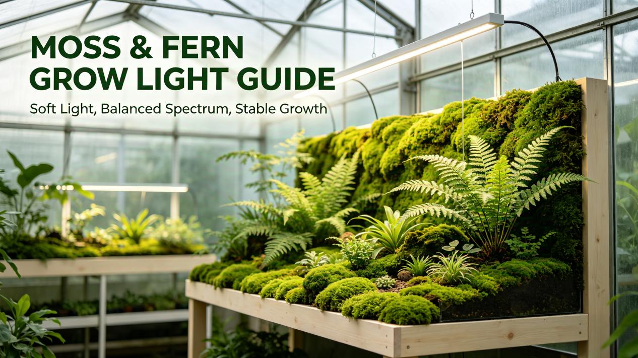 Application scenarios for moss and fern LED lights including green walls, terrariums, seedling racks, and indoor landscapes