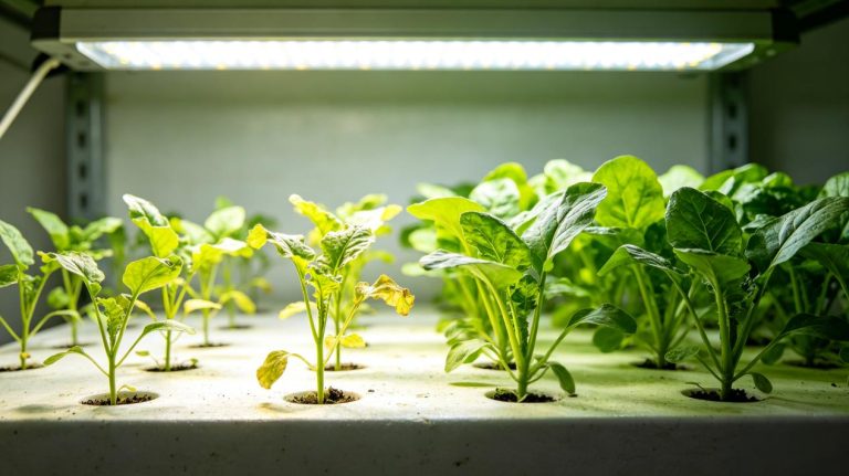 Young plants growing under LED growlight panels in a commercial greenhouse showing proper PPFD coverage