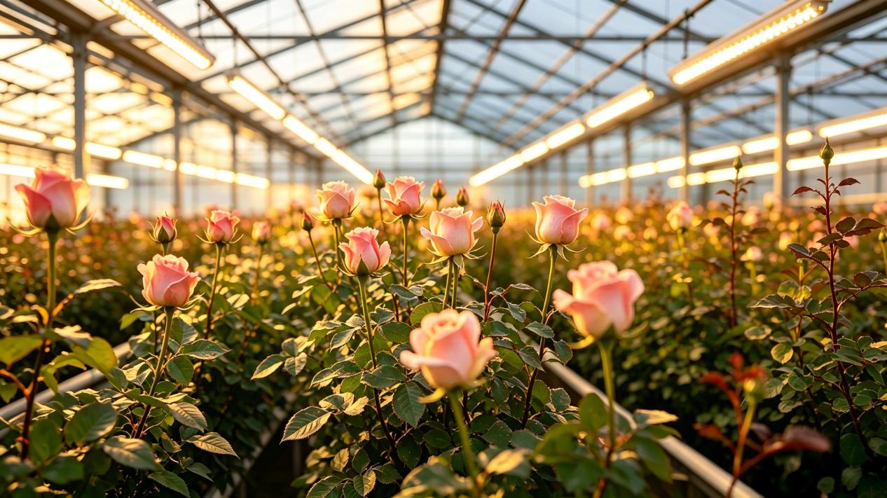 Greenhouse rose planting with LED supplemental grow light system for high‑quality cut‑flower production